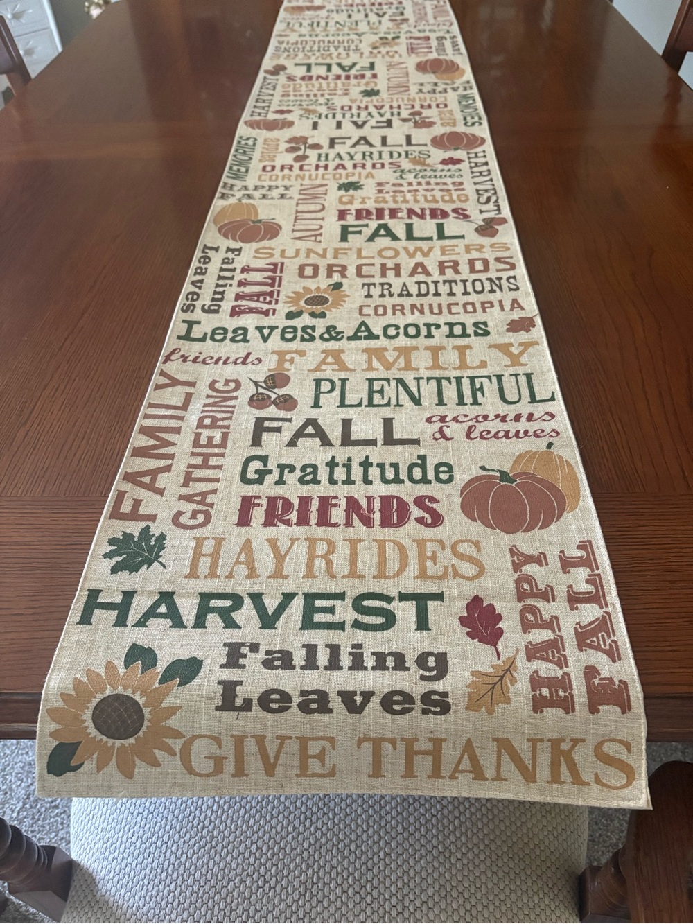 Autumn Harvest Fall Table Runner - Neutral Beige, Green & Rust